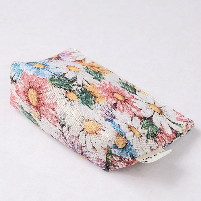 猫｜フラワー｜ゴブラン織｜マチ付きポーチ｜フラワーリング