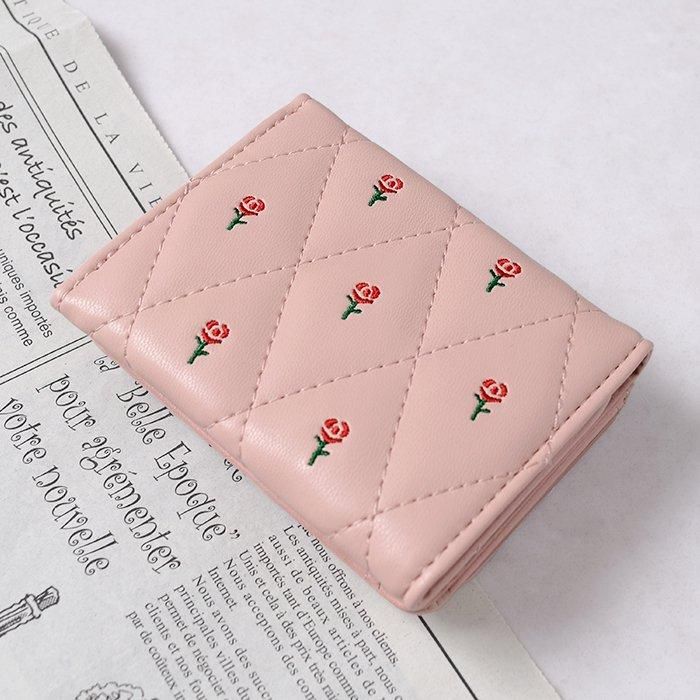 ミニバラ刺繍×キルティング｜ミニウォレット｜フラワーリング