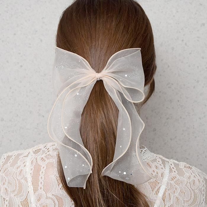 オーガンジーリボン♡雪の結晶♡オーシャンブルー♡ヘアリボン ブルーグリーン】シアーリボン ポニーフック/ ブライダル